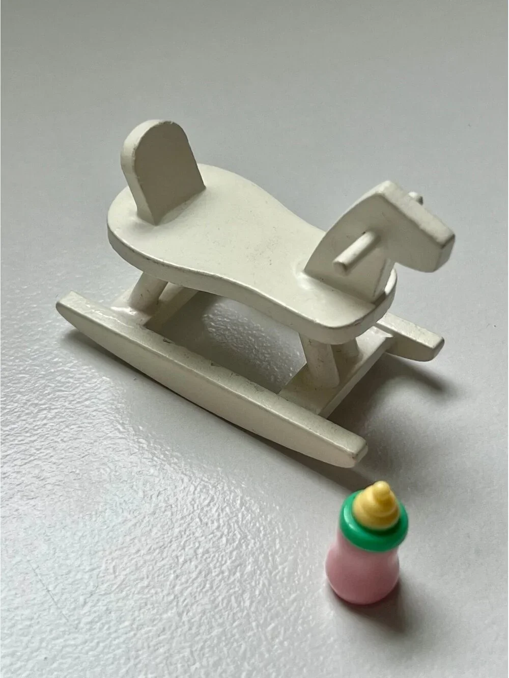 Miniature Dollhouse White Rocking Horse with Baby Bottle Scale 1:12